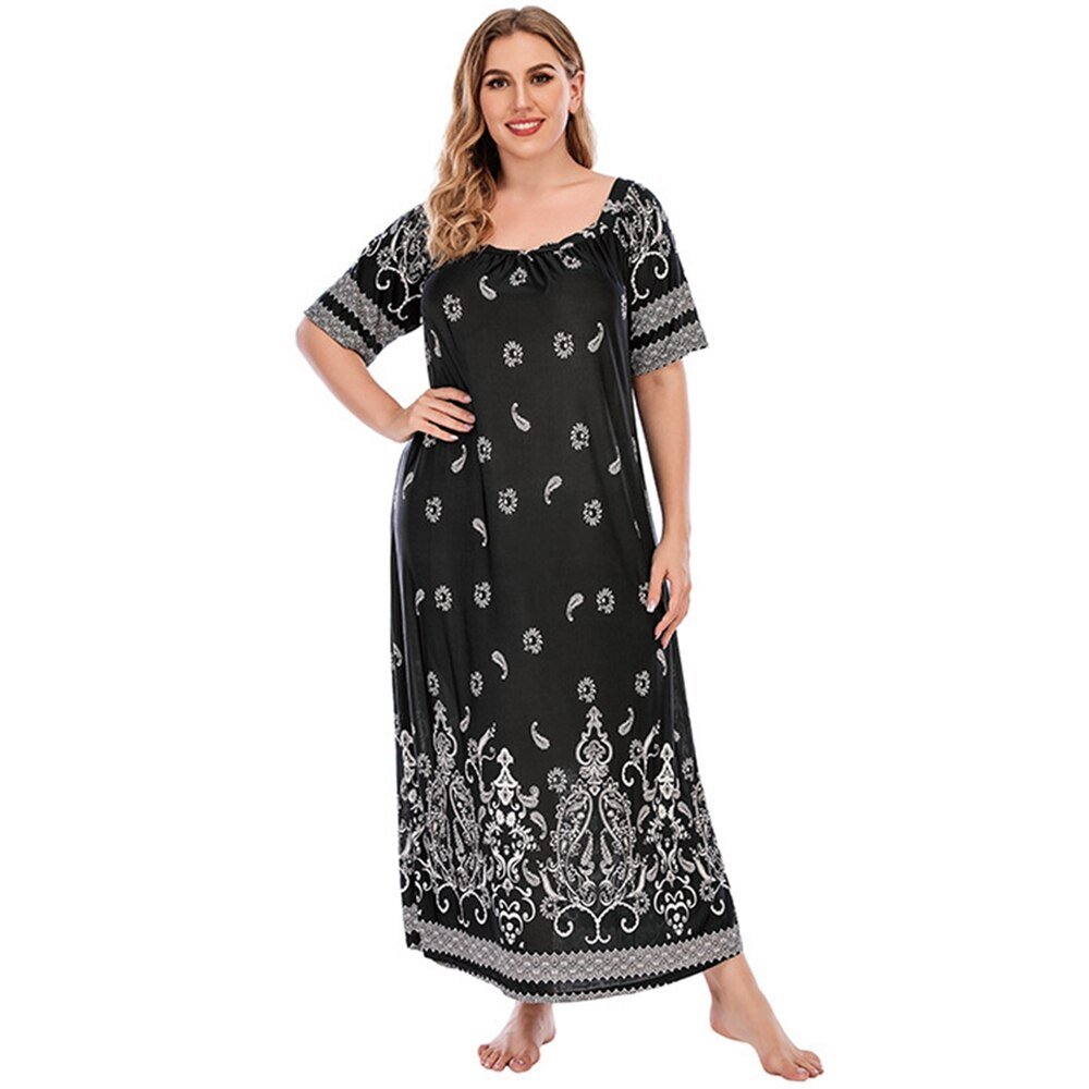 Plus Size Retro Floral Print Satin Muslim Sleep Dress Short Sleeve Loungewear Sleepwear Women Full Length Nightgown Oversized | TageUnlimited