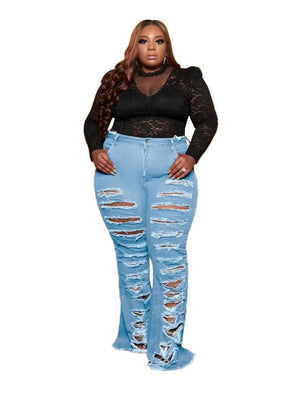 Plus Size Women Clothing Jeans High Waisted Denim Trousers Streetwear Pants Washed Distressed Jeans. | 0 | TageUnlimited