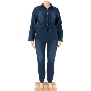 Plus Size Women Jean Jumpsuit Backless Chain V Neck One Piece Outfit Female Button Denim Jumpsuit  Spring Ripped Pencil Pant | 0 | TageUnlimited