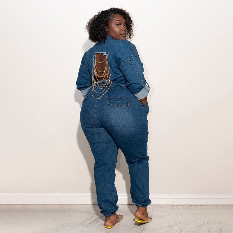 Plus Size Women Jean Jumpsuit Backless Chain V Neck One Piece Outfit Female Button Denim Jumpsuit  Spring Ripped Pencil Pant | 0 | TageUnlimited