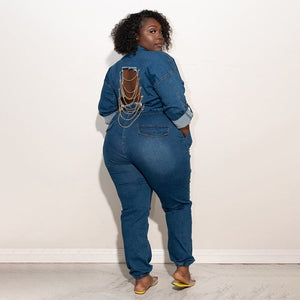 Plus Size Women Jean Jumpsuit Backless Chain V Neck One Piece Outfit Female Button Denim Jumpsuit  Spring Ripped Pencil Pant | 0 | TageUnlimited