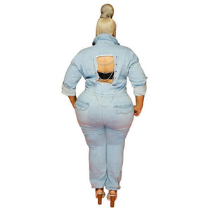 Plus Size Women Jean Jumpsuit Backless Chain V Neck One Piece Outfit Female Button Denim Jumpsuit  Spring Ripped Pencil Pant | 0 | TageUnlimited