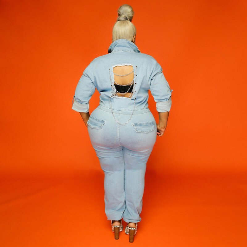 Plus Size Women Jean Jumpsuit Backless Chain V Neck One Piece Outfit Female Button Denim Jumpsuit  Spring Ripped Pencil Pant | 0 | TageUnlimited