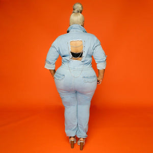 Plus Size Women Jean Jumpsuit Backless Chain V Neck One Piece Outfit Female Button Denim Jumpsuit  Spring Ripped Pencil Pant | 0 | TageUnlimited