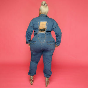 Plus Size Women Jean Jumpsuit Backless Chain V Neck One Piece Outfit Female Button Denim Jumpsuit  Spring Ripped Pencil Pant | 0 | TageUnlimited