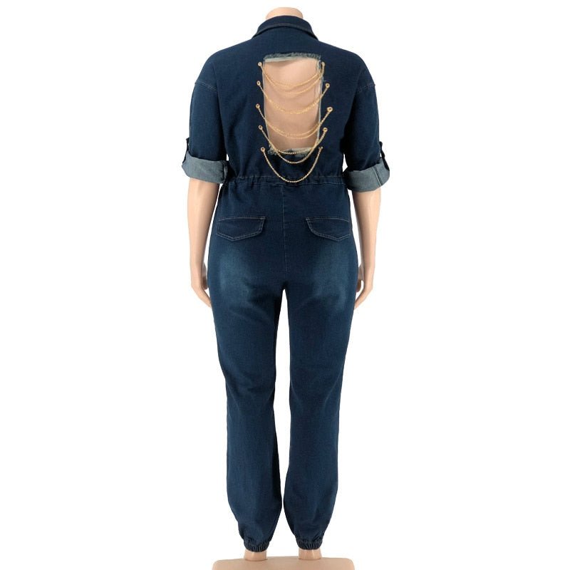 Plus Size Women Jean Jumpsuit Backless Chain V Neck One Piece Outfit Female Button Denim Jumpsuit  Spring Ripped Pencil Pant | 0 | TageUnlimited