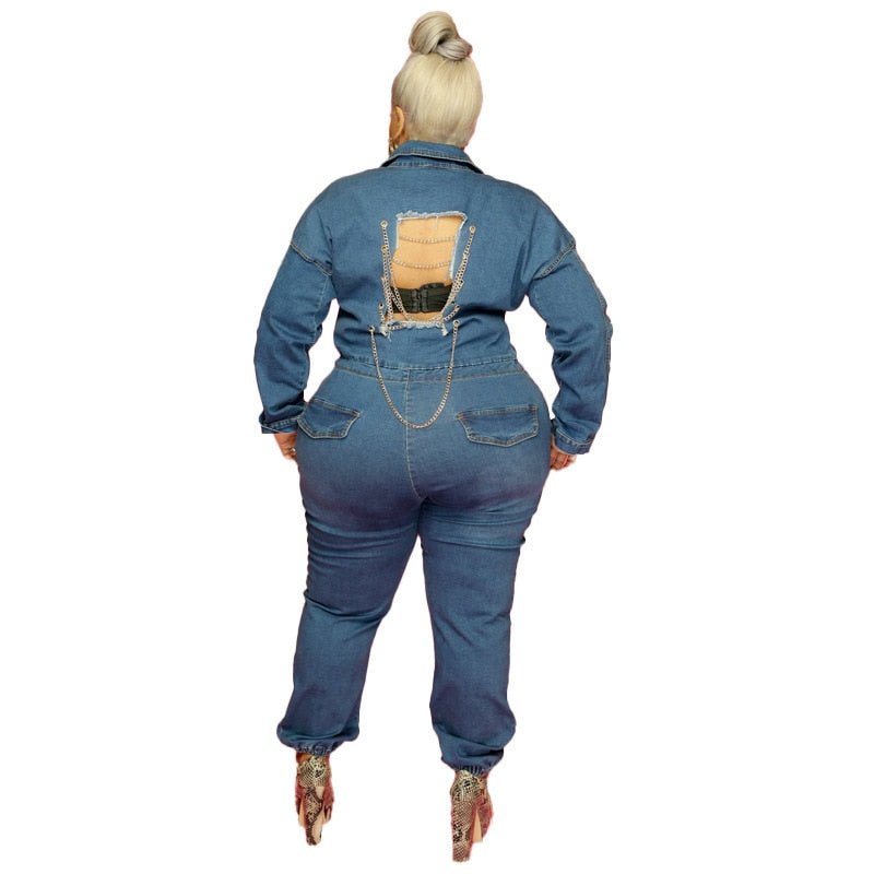 Plus Size Women Jean Jumpsuit Backless Chain V Neck One Piece Outfit Female Button Denim Jumpsuit  Spring Ripped Pencil Pant | 0 | TageUnlimited