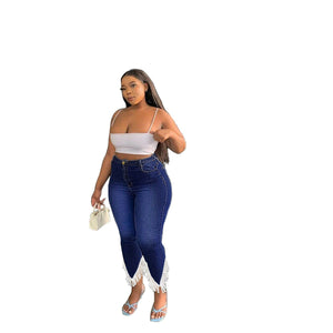 Plus Size Women Tassels Jean High Waist Stretchy Denim Trouser Lady Patchwork Pencil Pant  Autumn Fashion Outfit Wholesale | 0 | TageUnlimited