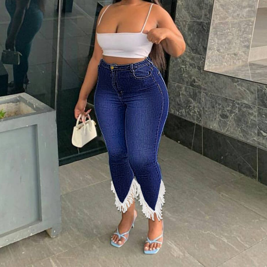 Plus Size Women Tassels Jean High Waist Stretchy Denim Trouser Lady Patchwork Pencil Pant  Autumn Fashion Outfit Wholesale | 0 | TageUnlimited