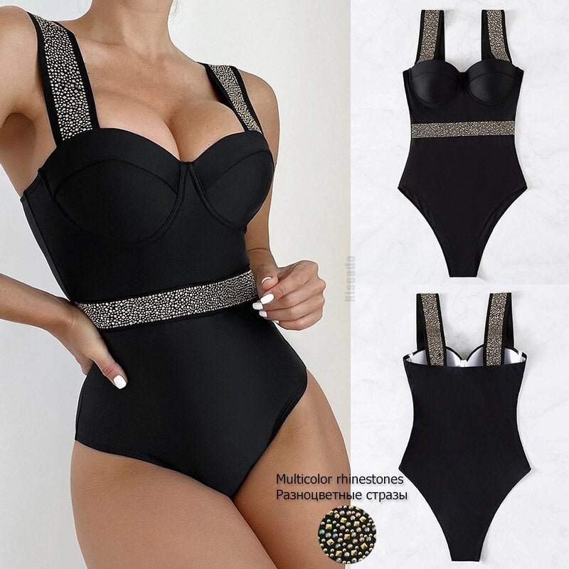 Riseado Sexy Push Up Swimsuit One Piece Swimwear Women  Black Bathing Suit Stitch Detail One-pieces Swimming Suit for Women | TageUnlimited