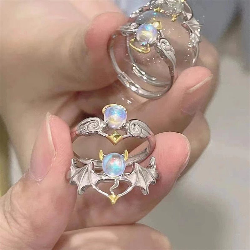 Romantic Angel and Demon Wings Couple Rings For Women Goth Fashion Moonstone Adjustable Opening Finger Men&#39;s Ring Party Jewelry | 0 | Tage-Active