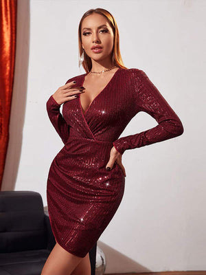 Sexy Deep V-Neck Sequins Party Dress Women Solid Long Sleeve Slim Dresses  Autumn Fashion Female Mini Skirt | 0 | TageUnlimited