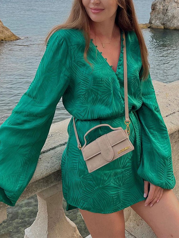 Sexy Jacquard Mini Dress Women  Autumn Long Sleeve Lace-up Loose Party Dresses Elegant Lantern Sleeve Bandage Club Dress | 0 | TageUnlimited