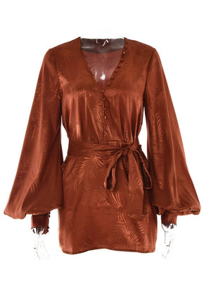 Sexy Jacquard Mini Dress Women  Autumn Long Sleeve Lace-up Loose Party Dresses Elegant Lantern Sleeve Bandage Club Dress | 0 | TageUnlimited