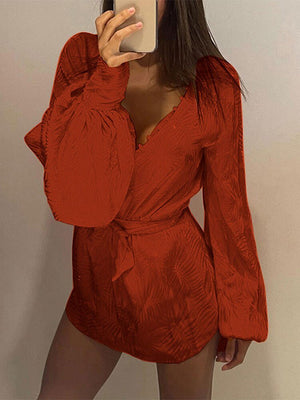 Sexy Jacquard Mini Dress Women  Autumn Long Sleeve Lace-up Loose Party Dresses Elegant Lantern Sleeve Bandage Club Dress | 0 | TageUnlimited
