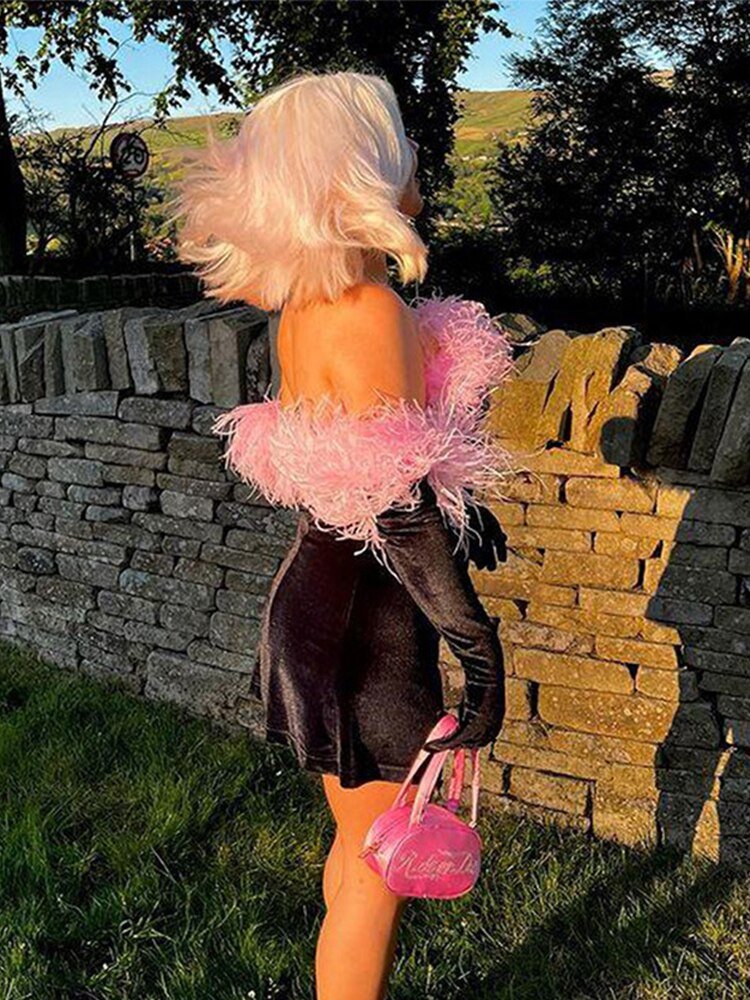 Sexy Slash Neck Fur Collar Party Dress Women Long Sleeved Gloves Golden Velvet Skirts Fall Birthday Club Female Outfits | 0 | TageUnlimited