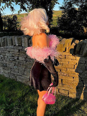 Sexy Slash Neck Fur Collar Party Dress Women Long Sleeved Gloves Golden Velvet Skirts Fall Birthday Club Female Outfits | 0 | TageUnlimited