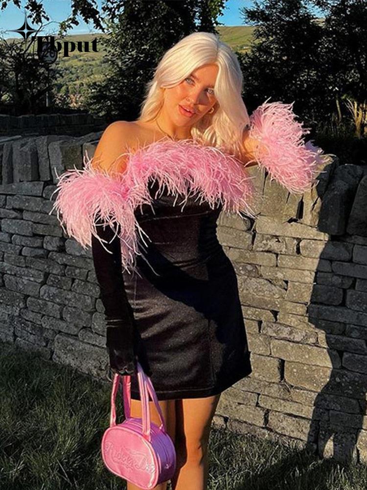 Sexy Slash Neck Fur Collar Party Dress Women Long Sleeved Gloves Golden Velvet Skirts Fall Birthday Club Female Outfits | 0 | TageUnlimited