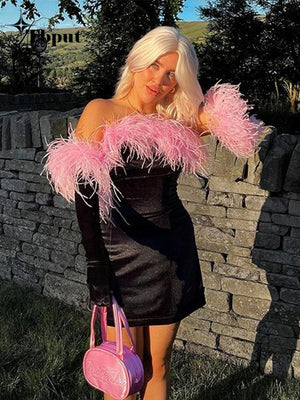Sexy Slash Neck Fur Collar Party Dress Women Long Sleeved Gloves Golden Velvet Skirts Fall Birthday Club Female Outfits | 0 | TageUnlimited