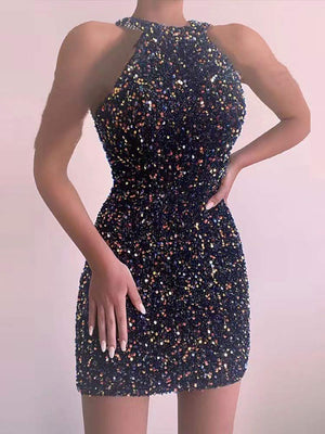 Sexy Sleeveless Off Shoulder Sequin Mini Dress Women Fashion Halter Skirt Female Elegant O-neck High Waist Dresses | 0 | TageUnlimited