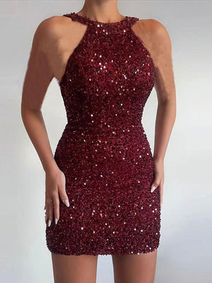 Sexy Sleeveless Off Shoulder Sequin Mini Dress Women Fashion Halter Skirt Female Elegant O-neck High Waist Dresses | 0 | TageUnlimited