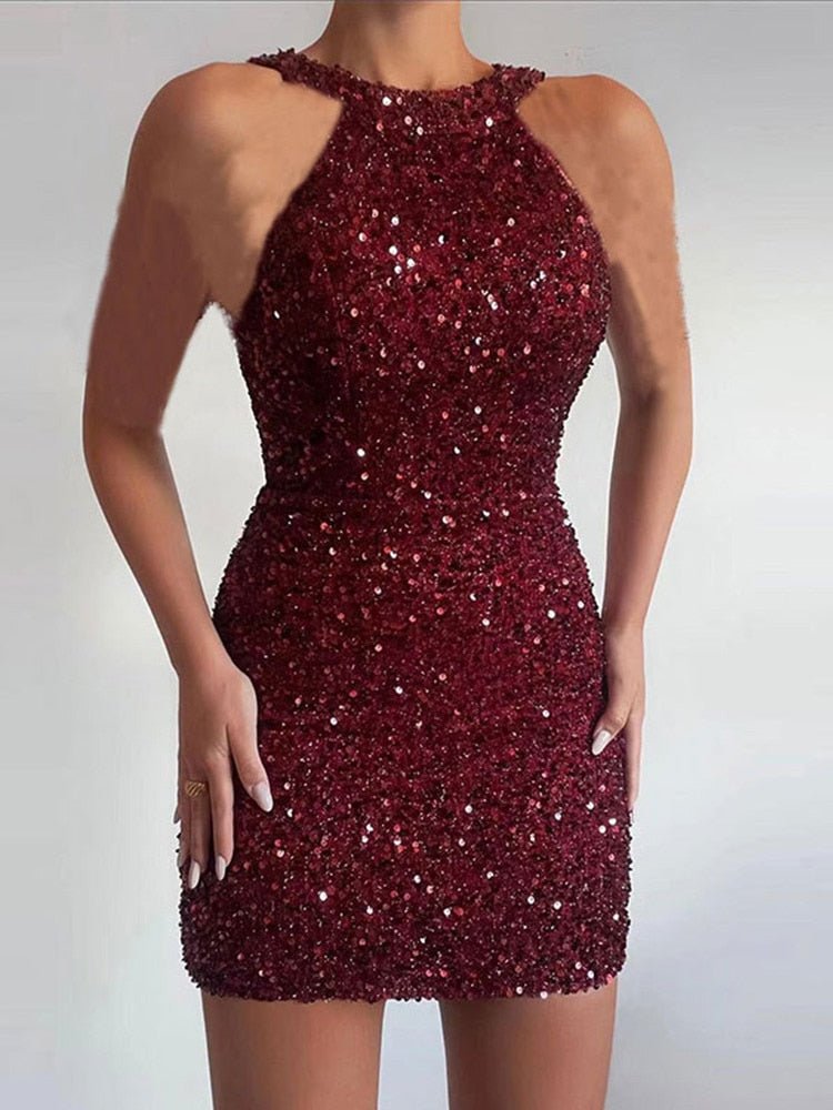 Sexy Sleeveless Off Shoulder Sequin Mini Dress Women Fashion Halter Skirt Female Elegant O-neck High Waist Dresses | 0 | TageUnlimited