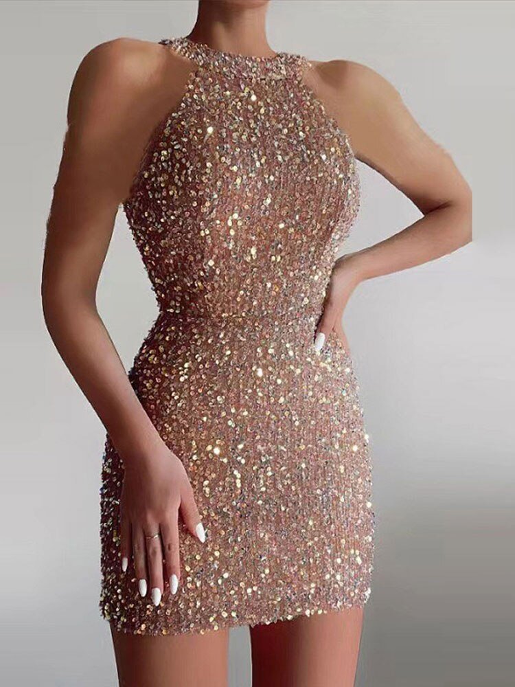 Sexy Sleeveless Off Shoulder Sequin Mini Dress Women Fashion Halter Skirt Female Elegant O-neck High Waist Dresses | 0 | TageUnlimited