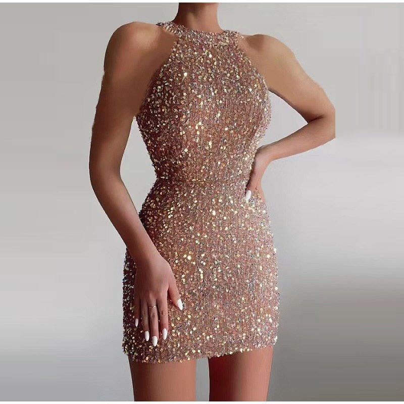 Sexy Sleeveless Off Shoulder Sequin Mini Dress Women Fashion Halter Skirt Female Elegant O-neck High Waist Dresses | 0 | TageUnlimited