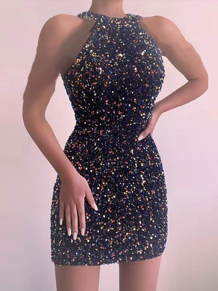 Sexy Sleeveless Off Shoulder Sequin Mini Dress Women Fashion Halter Skirt Female Elegant O-neck High Waist Dresses | 0 | TageUnlimited