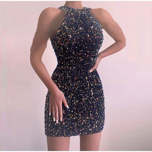 Sexy Sleeveless Off Shoulder Sequin Mini Dress Women Fashion Halter Skirt Female Elegant O-neck High Waist Dresses | 0 | TageUnlimited