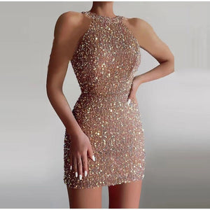 Sexy Sleeveless Off Shoulder Sequin Mini Dress Women Fashion Halter Skirt Female Elegant O-neck High Waist Dresses | 0 | TageUnlimited