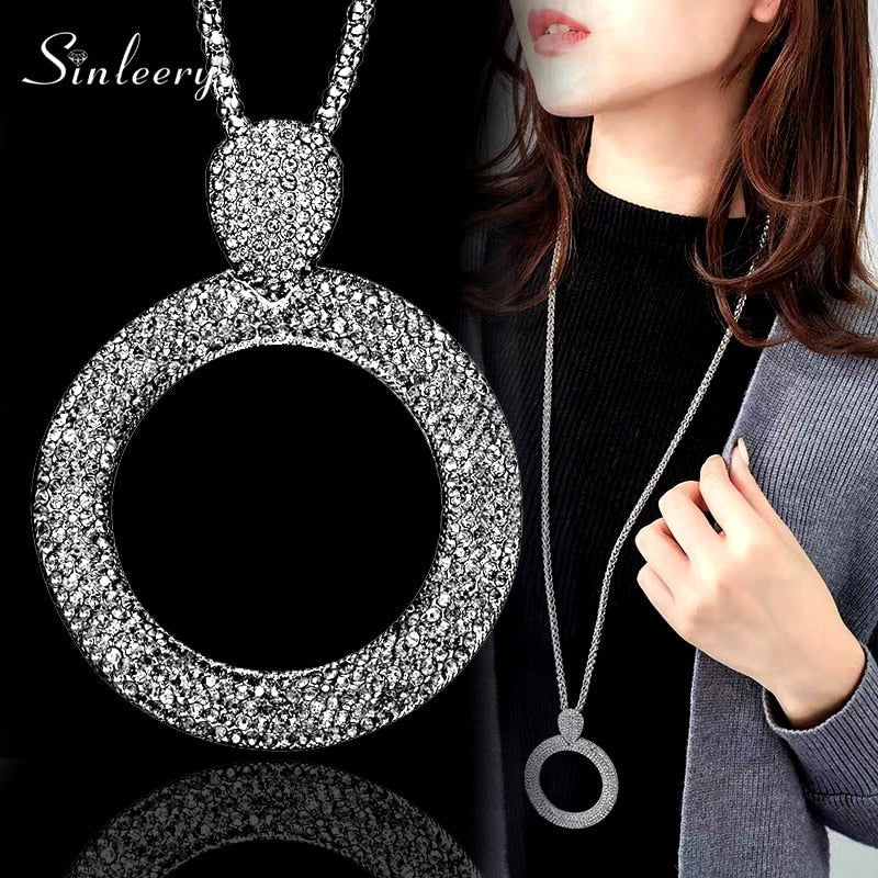 SINLEERY Dazzling Full Cubic Zirconia Hollow Round Pendant Long Necklace for Women Statement Maxi Jewelry Accessories ZD1 SSA | 0 | Tage-Active