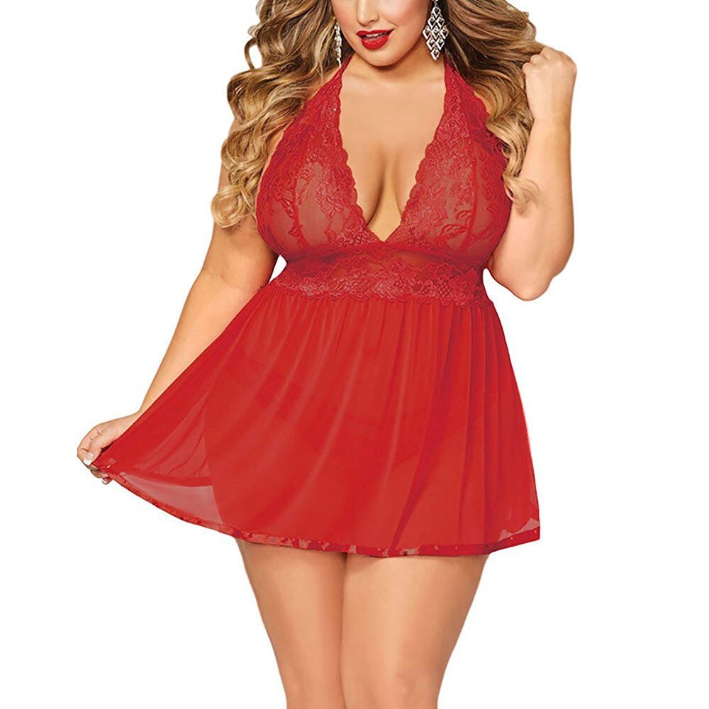 Sleepwear Dress With Thongs Underwear Hot Sale Plus Size Women Black Sexy Big Dress Deep V Open Back Lingerie Lace Babydolls | TageUnlimited