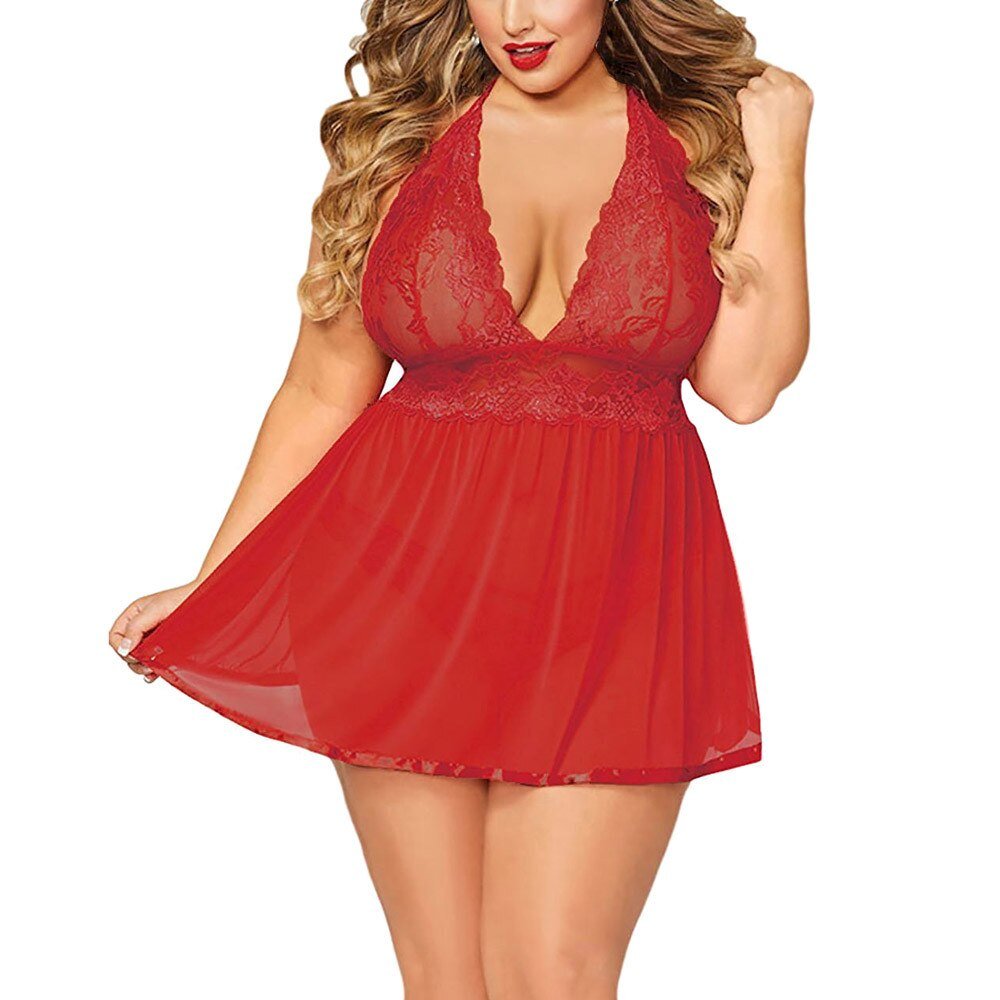 Sleepwear Dress With Thongs Underwear Hot Sale Plus Size Women Black Sexy Big Dress Deep V Open Back Lingerie Lace Babydolls | TageUnlimited