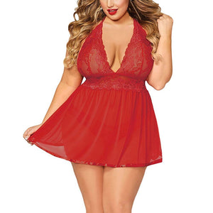 Sleepwear Dress With Thongs Underwear Hot Sale Plus Size Women Black Sexy Big Dress Deep V Open Back Lingerie Lace Babydolls | TageUnlimited