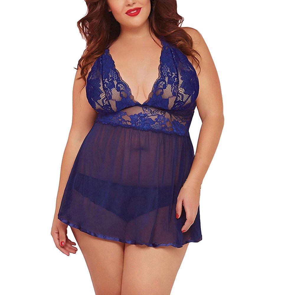 Sleepwear Dress With Thongs Underwear Hot Sale Plus Size Women Black Sexy Big Dress Deep V Open Back Lingerie Lace Babydolls | TageUnlimited