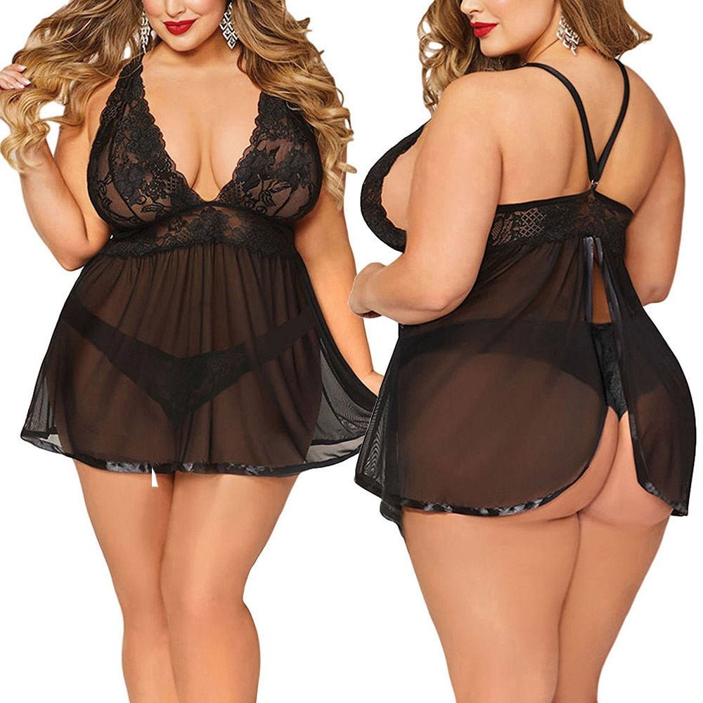 Sleepwear Dress With Thongs Underwear Hot Sale Plus Size Women Black Sexy Big Dress Deep V Open Back Lingerie Lace Babydolls | TageUnlimited