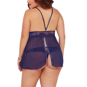 Sleepwear Dress With Thongs Underwear Hot Sale Plus Size Women Black Sexy Big Dress Deep V Open Back Lingerie Lace Babydolls | TageUnlimited