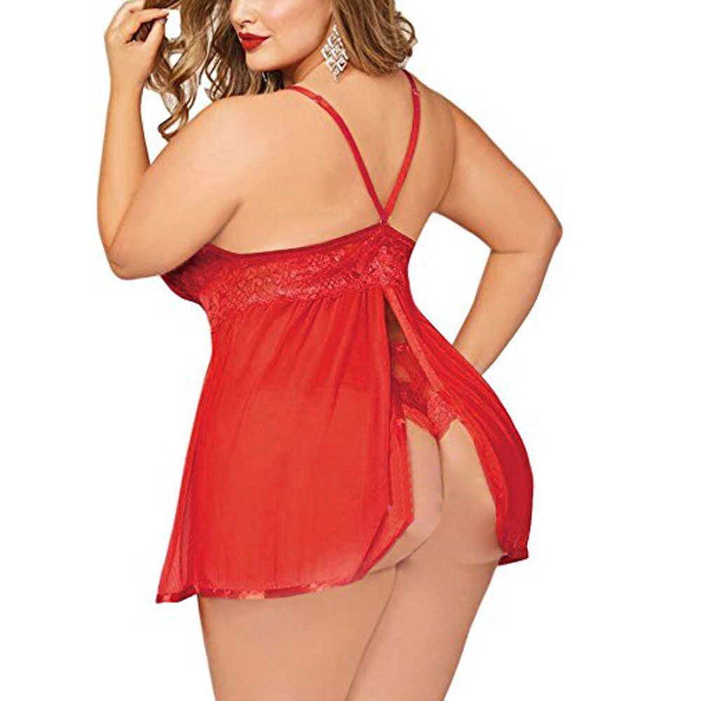 Sleepwear Dress With Thongs Underwear Hot Sale Plus Size Women Black Sexy Big Dress Deep V Open Back Lingerie Lace Babydolls | TageUnlimited
