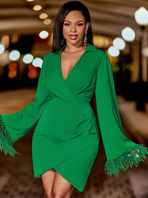 Solid Long Sleeve Feather Tassels Dress Women V-neck Irregular Slim Mini Dresses  Fashion Elegant Office Lady Clothes | 0 | TageUnlimited