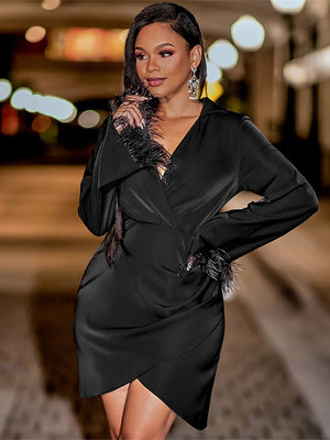 Solid Long Sleeve Feather Tassels Dress Women V-neck Irregular Slim Mini Dresses  Fashion Elegant Office Lady Clothes | 0 | TageUnlimited