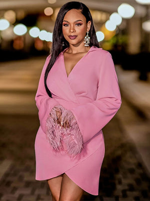 Solid Long Sleeve Feather Tassels Dress Women V-neck Irregular Slim Mini Dresses  Fashion Elegant Office Lady Clothes | 0 | TageUnlimited
