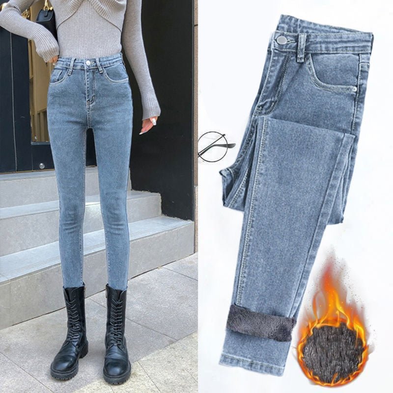 Spring Autumn and Winter Skinny Warm Jeans Women Velvet Ankle Length Casual Thick Pencil Pants Basic Fleece Denim Trousers | 0 | TageUnlimited