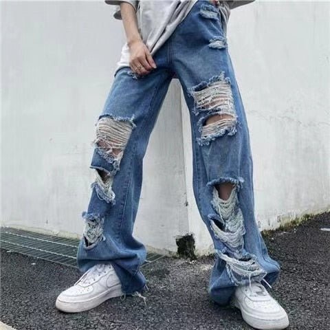 Streetwear Straight Pants Ladies Ripped Jeans High Waist Loose Wide Leg Pants Ladies Jeans Y2K Summer Plus Size High Street Jean | 0 | TageUnlimited