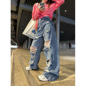Streetwear Straight Pants Ladies Ripped Jeans High Waist Loose Wide Leg Pants Ladies Jeans Y2K Summer Plus Size High Street Jean | 0 | TageUnlimited