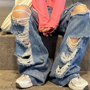 Streetwear Straight Pants Ladies Ripped Jeans High Waist Loose Wide Leg Pants Ladies Jeans Y2K Summer Plus Size High Street Jean | 0 | TageUnlimited