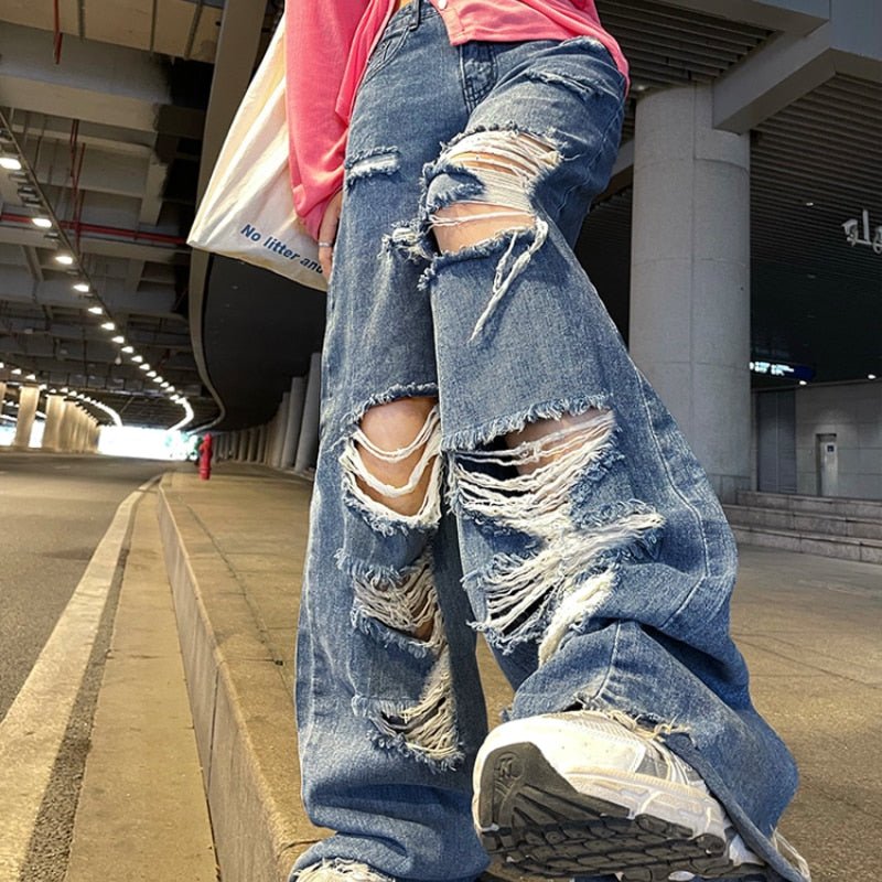 Streetwear Straight Pants Ladies Ripped Jeans High Waist Loose Wide Leg Pants Ladies Jeans Y2K Summer Plus Size High Street Jean | 0 | TageUnlimited