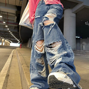 Streetwear Straight Pants Ladies Ripped Jeans High Waist Loose Wide Leg Pants Ladies Jeans Y2K Summer Plus Size High Street Jean | 0 | TageUnlimited