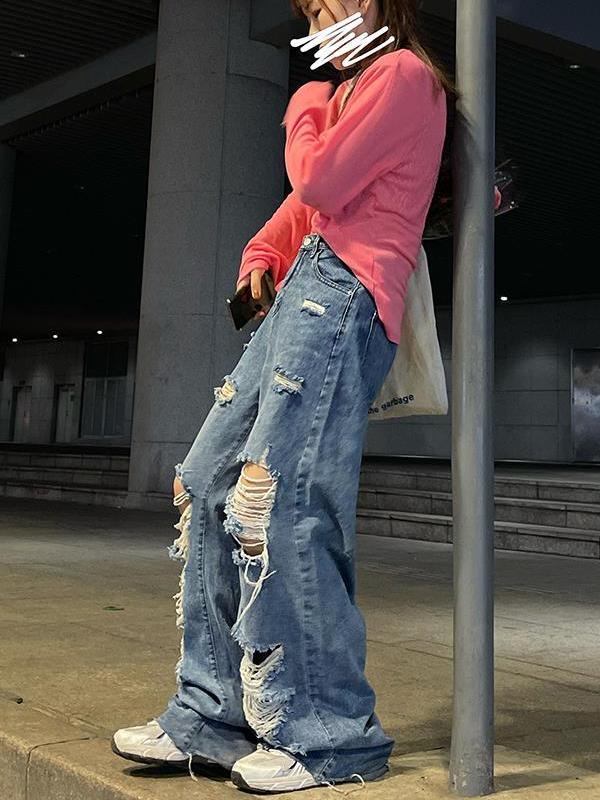 Streetwear Straight Pants Ladies Ripped Jeans High Waist Loose Wide Leg Pants Ladies Jeans Y2K Summer Plus Size High Street Jean | 0 | TageUnlimited