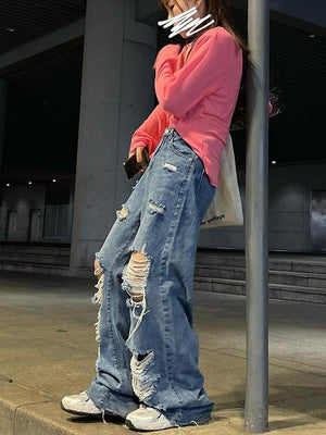 Streetwear Straight Pants Ladies Ripped Jeans High Waist Loose Wide Leg Pants Ladies Jeans Y2K Summer Plus Size High Street Jean | 0 | TageUnlimited